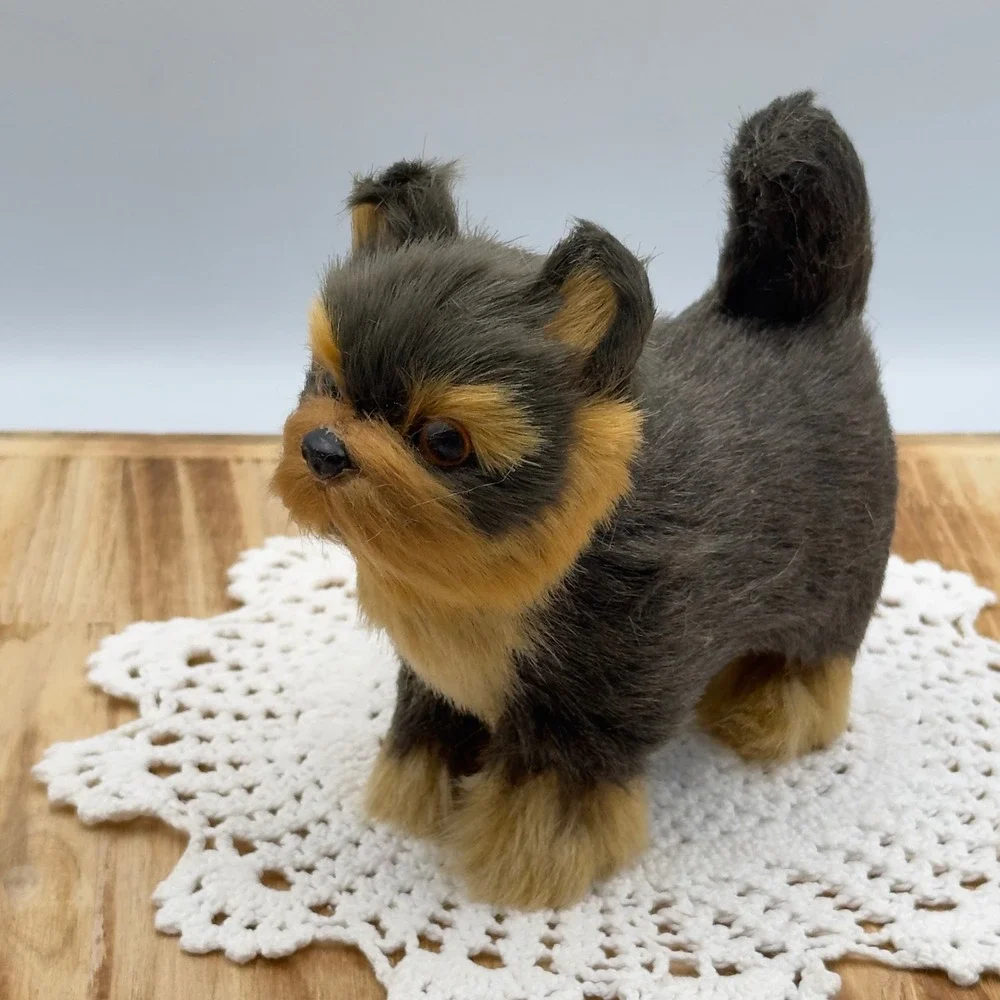 Yorkshire Terrier Dog Figurine Black Tan Realistic Faux Fur Vintage Decor Animal